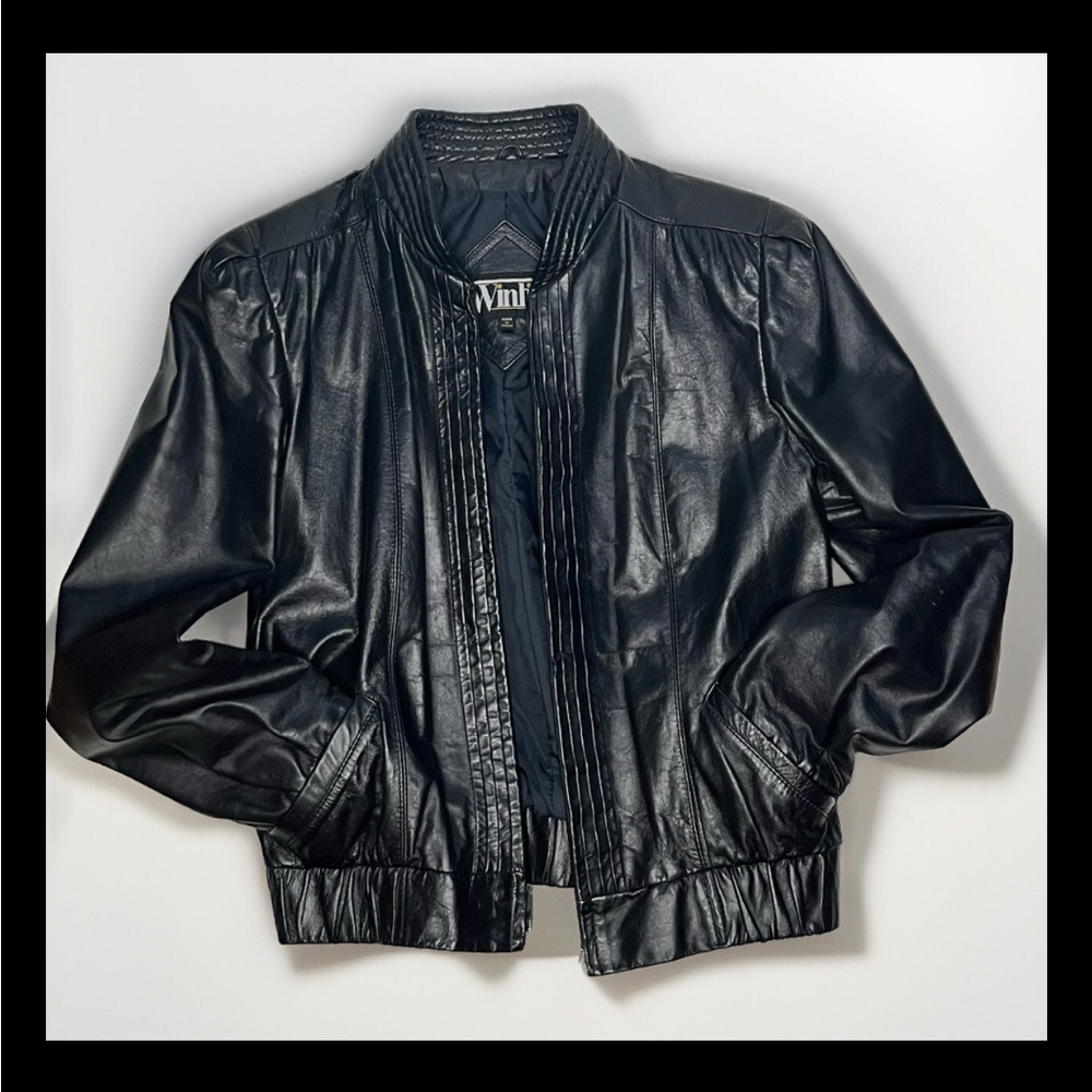 Winlit Black Leather Vintage Moto Jacket Size 7-8 Genuine Leather Made in Korea - Picture 2 of 13